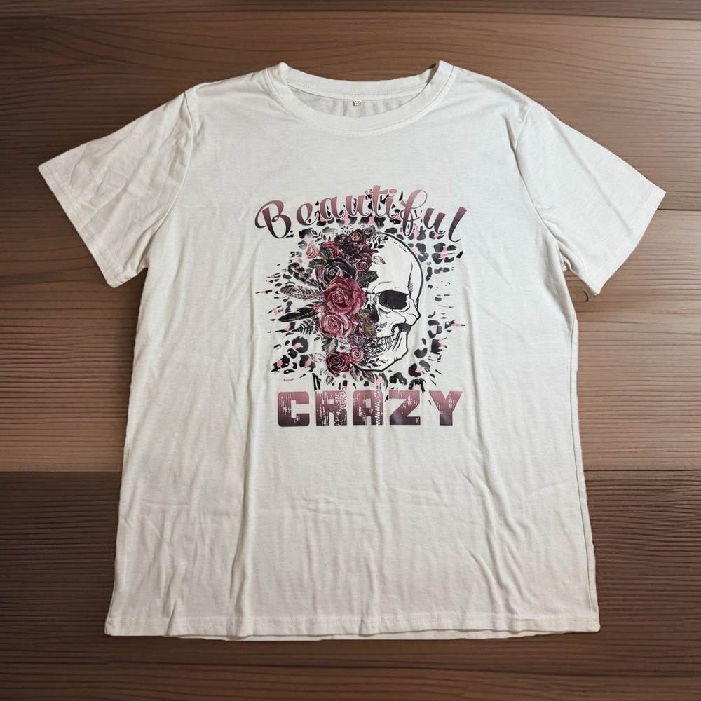 XXL XL Beautiful Crazy Floral Skull White Stretch T-Shirt